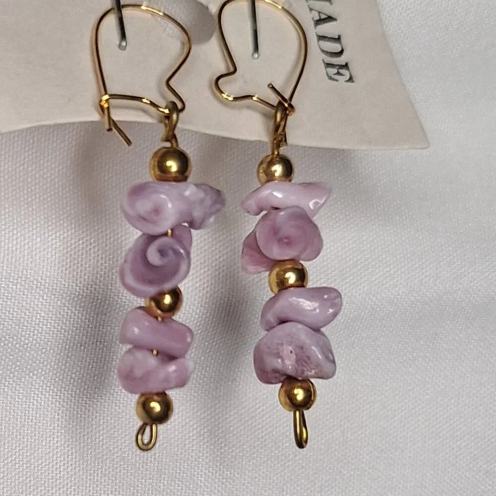 Hand Carved Amethyst Earrings Rose Floral Gold‎ Tone Accents Boho Fairy Coquette